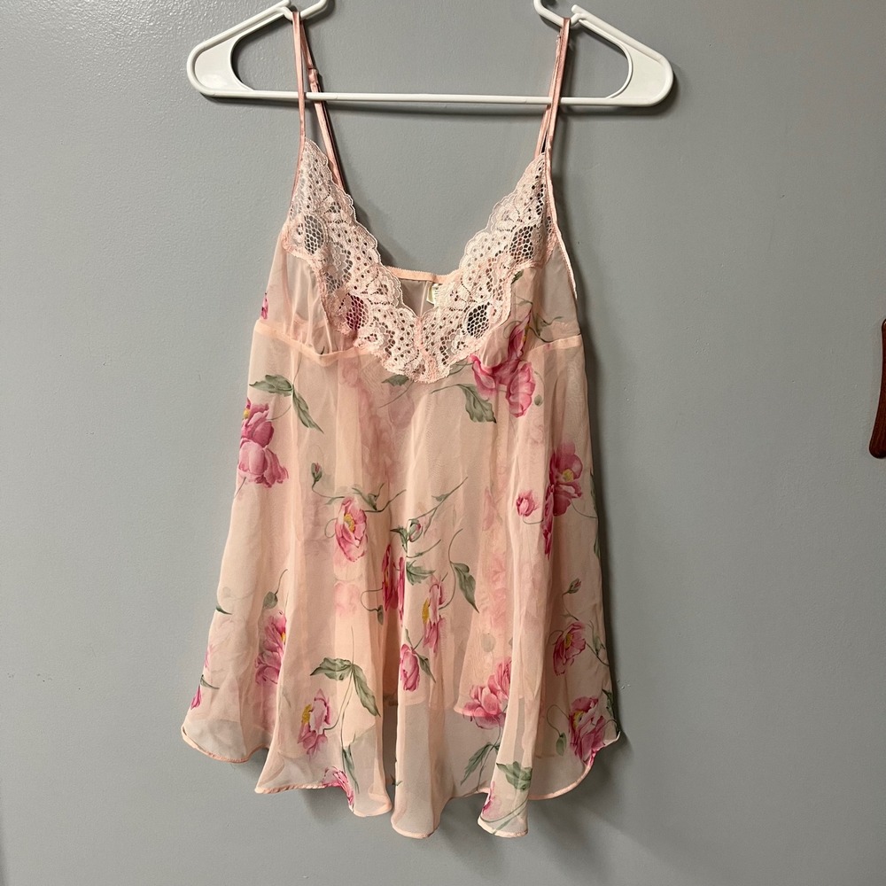 Vintage Fredericks of Hollywood Pink Floral Lace Sheer Babydoll Top Small Y2K